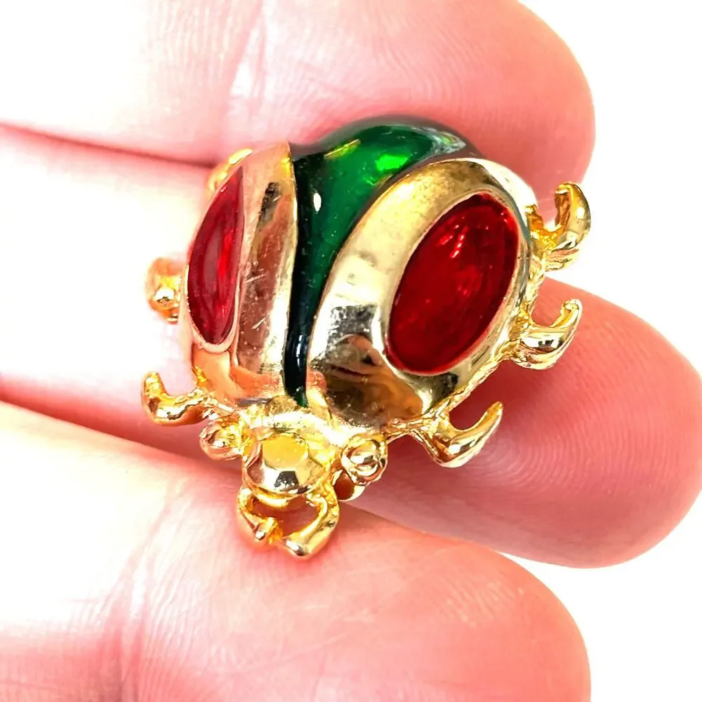 Vintage bug beetle insect brooch gold with red & green enamel finishes fun lapel